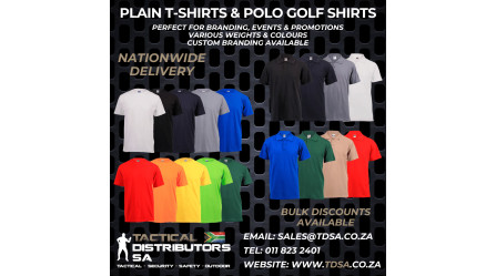 Plain T-Shirts & Polo Golf Shirts Available. Custom Branding Available.